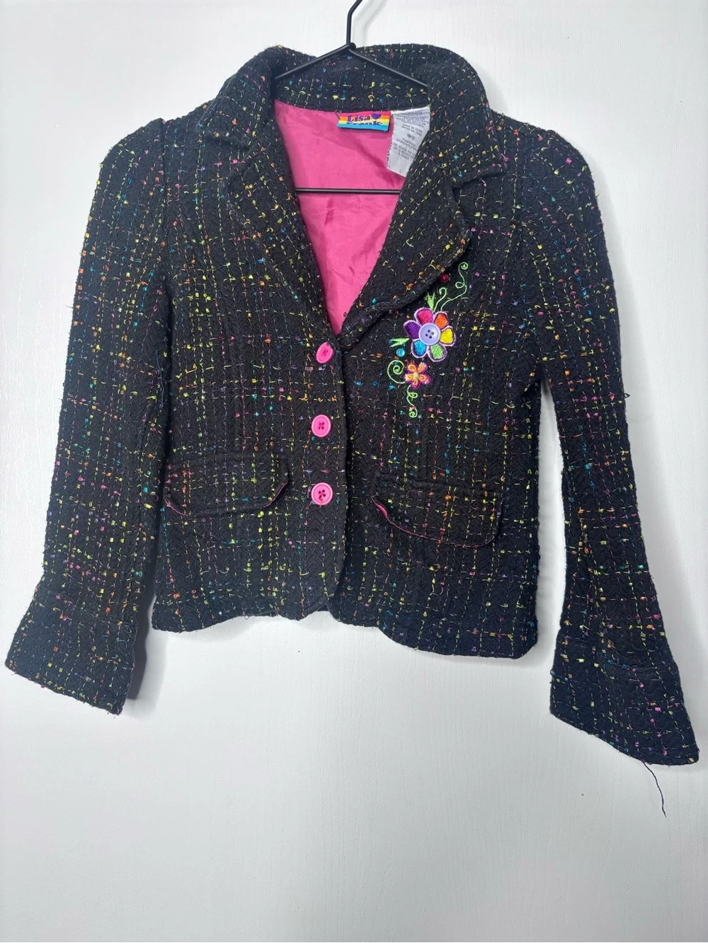 Vintage Y2K Lisa Frank Black Multi-Color Tweed Button Blazer Jacket Girls 10/12